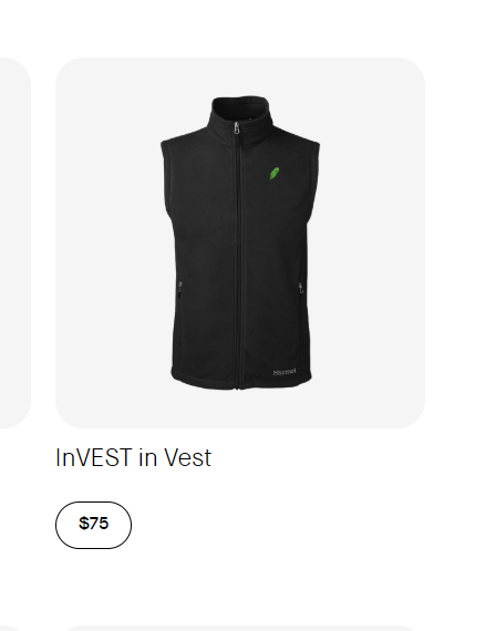 bjkahhhsi's tweet photo. "inVEST in Vest" is an item from last year's Robinhood shop, priced at $75. 
-> Can we reach out to Robinhood to bring it back to the store? 
-> It's just "inVEST". 
-> Link: https://t.co/QWKHSytNWJ https://t.co/6OyZ3XpSUW