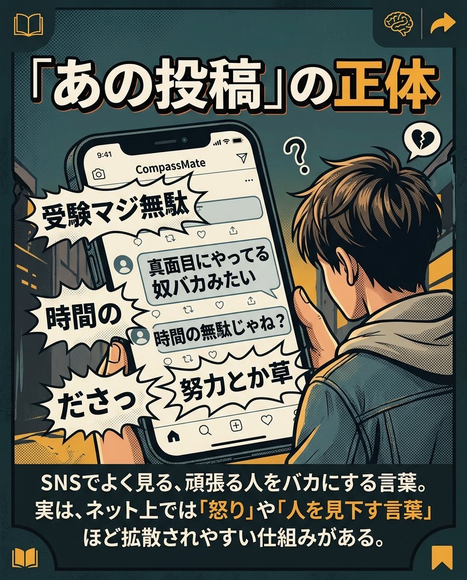 CompassMate365's tweet photo. 「受験なんて意味ない」
そう言ってくる人が本当に守ろうとしているのは、あなたじゃなくて自分の選択かもしれません。
頑張る人を茶化す心理の裏側を、研究データとあわせて解説しました。
https://t.co/OILljaaWXn
#受験生 #勉強垢 https://t.co/U9f5a4UKVe