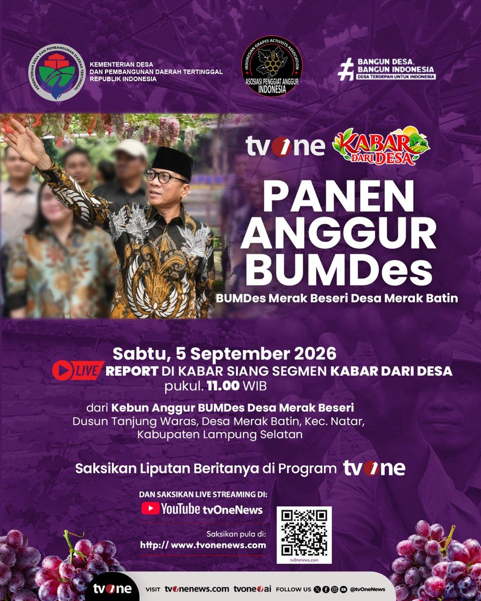 EwingSaja's tweet photo. MENTERI DESA Yandri Susanto Sabtu 5 Sept 2026 Panen Anggur di Kebun Anggur Merak Berseri Desa  Merak Batin Lampung Selatan menginspirasi semangat untuk memajukan BUMDES di seluruh desa-desa di Indonesia. #KebunAnggurBUMDES #DesaBerdayaWargaSejahtera #KemendesaPDT
#TPPBerdampak https://t.co/oc8aybx5VJ