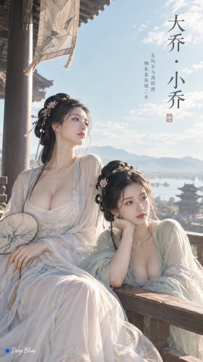 DeepBlueX0's tweet photo. 谁是大乔，谁是小乔��
@grok 

🔵 GPT image 2 Prompt:

极简东方 × 宋式美学 × 古风 Editorial × 独立艺术封面

人物：大乔、小乔，古典美人意象，清雅柔美，温婉含蓄。

场景：铜雀台，盛夏晴日，古朴楼台与远山，仅保留极少建筑线条与大片天空。

服饰：简洁宋式轻盈长裙，大乔月白，小乔浅青，素雅轻盈。

画面：随机元素，大面积留白，低饱和东方色调，自然光影，安静通透，摄影风格，克制、清简、高级。

文字设计：主标题「大乔 · 小乔」，可搭配一两句与二乔意象相关的古典诗句，例如「东风不与周郎便」；文字极少，采用极简宋式排版，融入留白，不遮挡人物，不添加多余装饰。

画幅：9:16竖幅。

画面左下签名“● DeepBlue”，●为纯 #0B3D91 深蓝色，DeepBlue 为白色自然手写体。