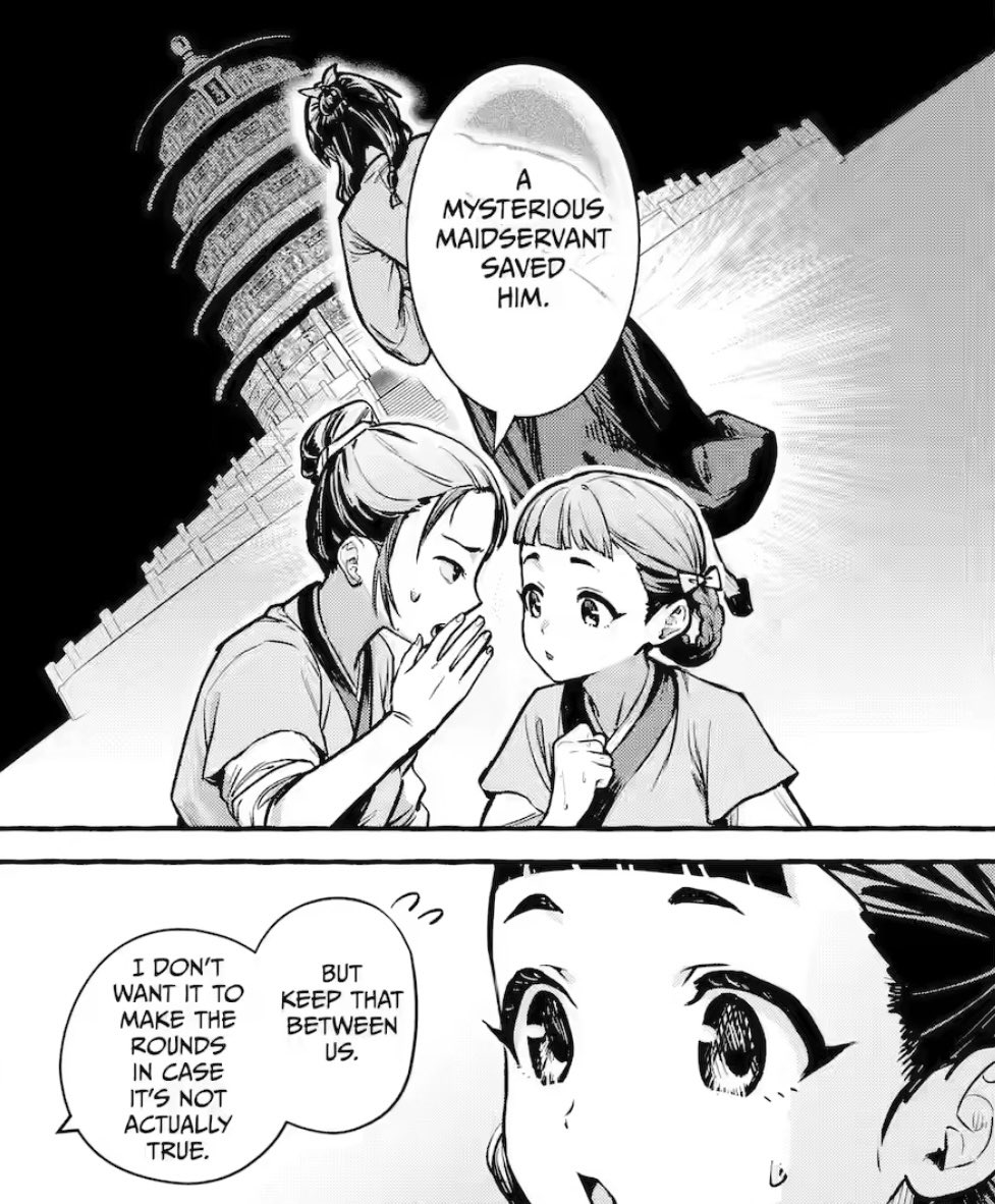 keiuzuki's tweet photo. "A mysterious maidservant saved the Emperor's precious little brother."

i really like that the spin-off shows the perspective of other people in the rear palace about certain moments, for example how Maomao saved Jinshi's life. https://t.co/gYg8n3FDL6