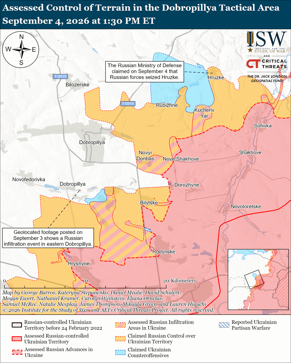 TheStudyofWar's tweet photo. NEW: Russian sources falsely and baselessly claimed that Russian forces encircled 2,000 Ukrainian forces northeast of Kharkiv City.

Other Key Takeaways:

Russian forces attempted to assassinate Ukraine’s Security Service (SBU) head Oleksandr Poklad with a Geran-type drone strike on September 4.

The Russian Geran drone platform adaptations are improving their ability to conduct successful high-precision strikes.

The Kremlin’s behavior indicates Russia’s unwillingness to guarantee the safety of the US delegation during their reported upcoming visit to Ukraine.

Russian President Vladimir Putin appears committed to his existing expensive and inefficient force generation mechanism through volunteer recruitment.

Russia’s expedited efforts to establish its Rassvet satellite constellation as a replacement for Starlink are facing significant challenges which may degrade the constellation’s lifespan.

Ukrainian forces continued their long-range strike campaign against Russian military, oil, and defense-industrial infrastructure on September 3 and 4. Russian forces launched one Kh-31P anti-radar missile and 121 drones against Ukraine overnight.

Ukrainian forces advanced in the Dobropillya tactical area.