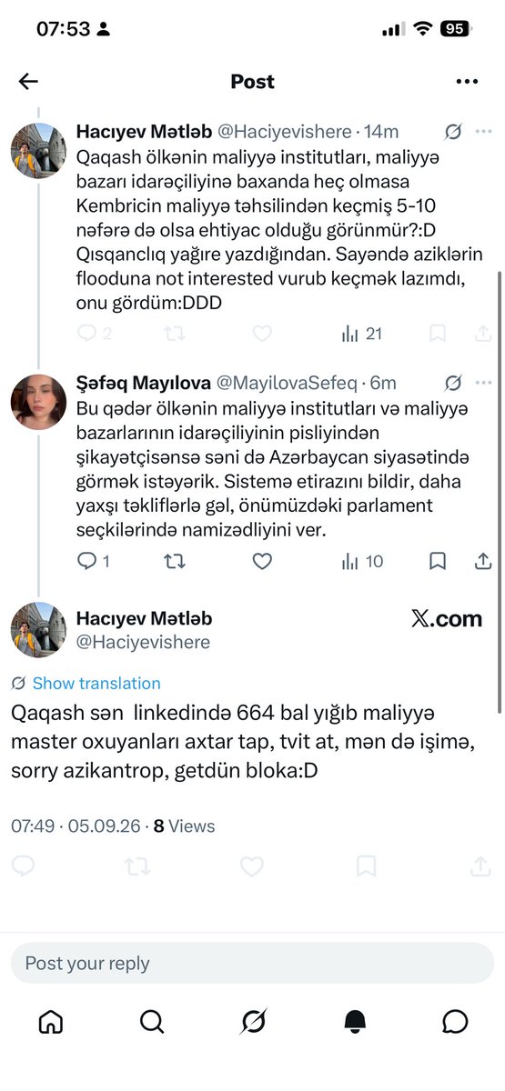 MayilovaSefeq's tweet photo. Ölkənin gəncləri polşada macarıstanda hansısa maliyyə qurumlarında 850 euro’ya işləməyiylə fəxr edəcək vəziyyətə gəlib. Narazıdı, amma söhbət başqa yerə dönəndə əli ayağına dolaşıb qaçacaq qədər də qorxaqdır. Cəmiyyət çökür. Sosyal deqredasiya özünün ən yüksək halındadır. https://t.co/OCKvV4jBxc