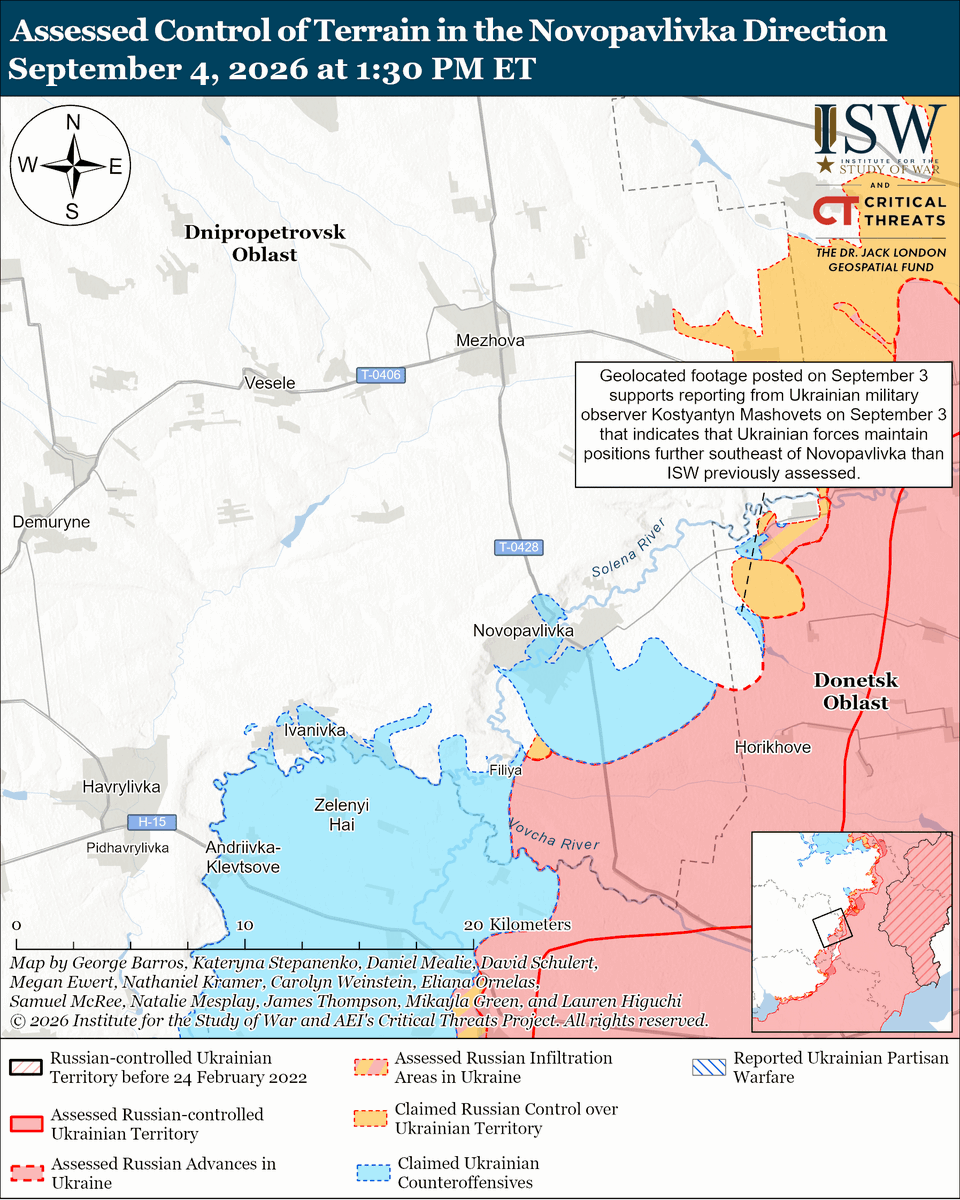 TheStudyofWar's tweet photo. NEW: Russian sources falsely and baselessly claimed that Russian forces encircled 2,000 Ukrainian forces northeast of Kharkiv City.

Other Key Takeaways:

Russian forces attempted to assassinate Ukraine’s Security Service (SBU) head Oleksandr Poklad with a Geran-type drone strike on September 4.

The Russian Geran drone platform adaptations are improving their ability to conduct successful high-precision strikes.

The Kremlin’s behavior indicates Russia’s unwillingness to guarantee the safety of the US delegation during their reported upcoming visit to Ukraine.

Russian President Vladimir Putin appears committed to his existing expensive and inefficient force generation mechanism through volunteer recruitment.

Russia’s expedited efforts to establish its Rassvet satellite constellation as a replacement for Starlink are facing significant challenges which may degrade the constellation’s lifespan.

Ukrainian forces continued their long-range strike campaign against Russian military, oil, and defense-industrial infrastructure on September 3 and 4. Russian forces launched one Kh-31P anti-radar missile and 121 drones against Ukraine overnight.

Ukrainian forces advanced in the Dobropillya tactical area.
