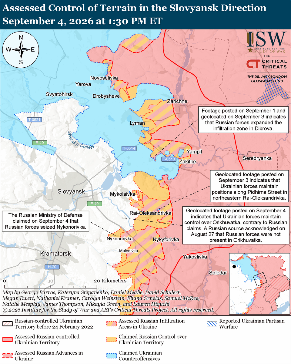 TheStudyofWar's tweet photo. NEW: Russian sources falsely and baselessly claimed that Russian forces encircled 2,000 Ukrainian forces northeast of Kharkiv City.

Other Key Takeaways:

Russian forces attempted to assassinate Ukraine’s Security Service (SBU) head Oleksandr Poklad with a Geran-type drone strike on September 4.

The Russian Geran drone platform adaptations are improving their ability to conduct successful high-precision strikes.

The Kremlin’s behavior indicates Russia’s unwillingness to guarantee the safety of the US delegation during their reported upcoming visit to Ukraine.

Russian President Vladimir Putin appears committed to his existing expensive and inefficient force generation mechanism through volunteer recruitment.

Russia’s expedited efforts to establish its Rassvet satellite constellation as a replacement for Starlink are facing significant challenges which may degrade the constellation’s lifespan.

Ukrainian forces continued their long-range strike campaign against Russian military, oil, and defense-industrial infrastructure on September 3 and 4. Russian forces launched one Kh-31P anti-radar missile and 121 drones against Ukraine overnight.

Ukrainian forces advanced in the Dobropillya tactical area.
