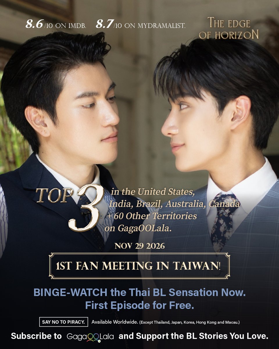 gagaoolala's tweet photo. Have you watched the most talked-about Thai period BL of 2026? Time to binge-watch now!👨‍❤️‍💋‍👨

🌈 Title: #TheEdgeofHorizon

Watch the finale here➡️https://t.co/hKaJDGIVVz  

🌎Worldwide (except 🇹🇭🇯🇵🇭🇰🇲🇴)
⠀
#อรุณรุ่ง #InnOngsa #อินองศา @ArunRungTH https://t.co/YQruxlOut0