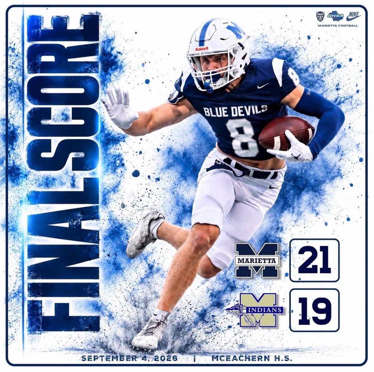 OliverPersons's tweet photo. 21-19 win at McEachern! 3 for 3 kicking tonight. #mariettafootball #mceachernfootball #besomebody https://t.co/R8oaunJmbp