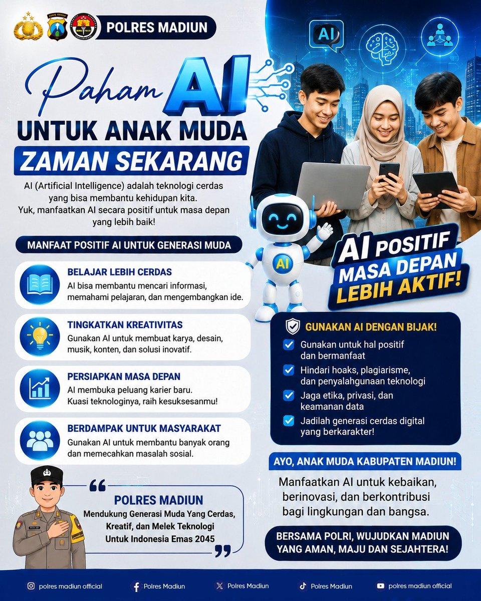 XPolsekkare's tweet photo. PAHAM AI BIJAK MENGGUNAKANNYA!
Artificial Intelligence (AI) hadir sebagai teknologi yang dapat membantu generasi muda belajar lebih cerdas#PahamAI #AIPositif #LiterasiDigital #GenerasiMuda #PolresMadiun #PoldaJatim #PolriPresisi #MadiunAman #IndonesiaEmas2045 #HumasPolresMadiun https://t.co/IE6gMQvUYh