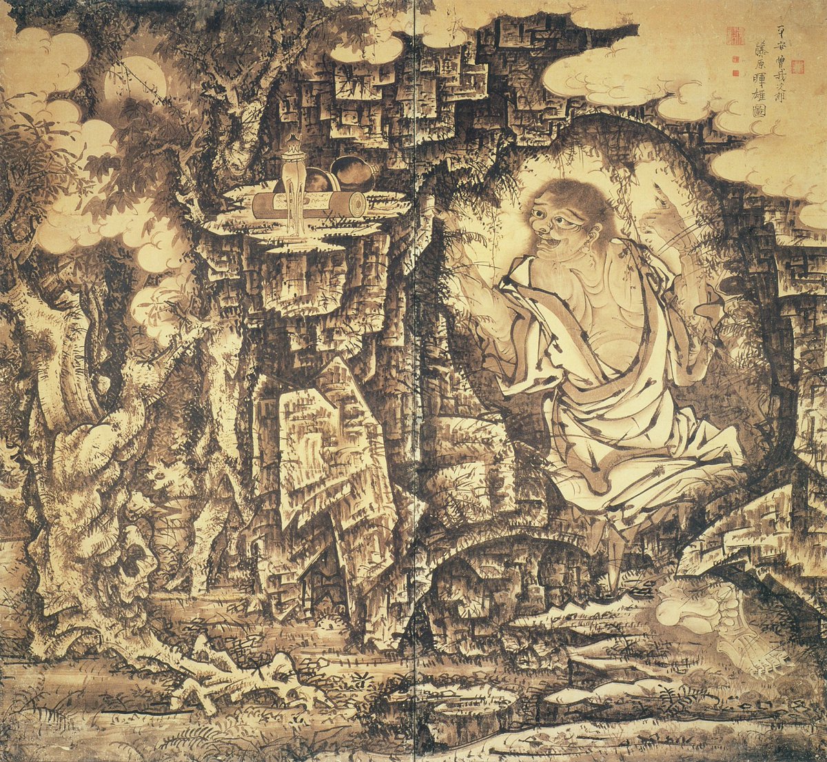 曾我蕭白 寒山拾得 肉筆墨絵 表具はやり直した 軸先は最高級な軸先