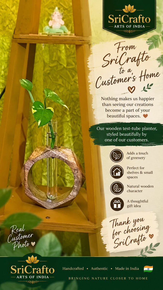 nikhil970bhardw's tweet photo. ❤️ FROM SRICRAFTO TO A CUSTOMER'S HOME

Nothing makes us happier than seeing our creations become part of your beautiful spaces. 🏡🌿

Our wooden test-tube planter, styled beautifully by one of our customers.

Thank you for choosing SriCrafto. ❤️

SriCrafto — Arts of India https://t.co/qqsoGC0qFv