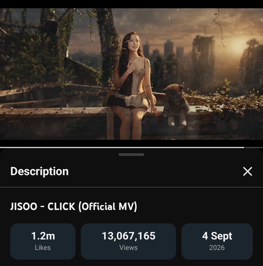 ForeverKimJisoo's tweet photo. JISOO - ‘CLICK’ (Official MV) surpasses 13 MILLION views and 1.2 MILLION likes on YouTube in its first 24 hours! 🧸

Let’s continue streaming and showing our support for Jisoo! 💕

#CLICKbyJISOO https://t.co/AB6qwp7AIQ
