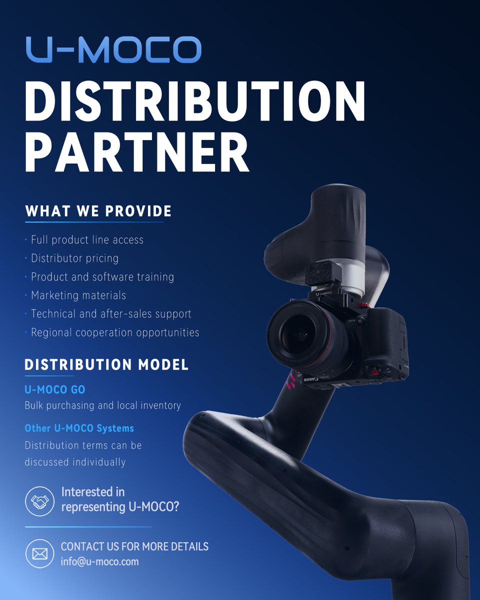 umoco2020's tweet photo. We’re expanding globally. 🌍 U-MOCO is now looking for distribution partners worldwide. Let’s bring motion control to more creators.
📩 info@u-moco.com
#umoco #roboticarm #MotionControl #Cinematography #FilmEquipment #CameraRobotics #Distributorwanted #filmmaking #moco https://t.co/Zd3rgImpXQ