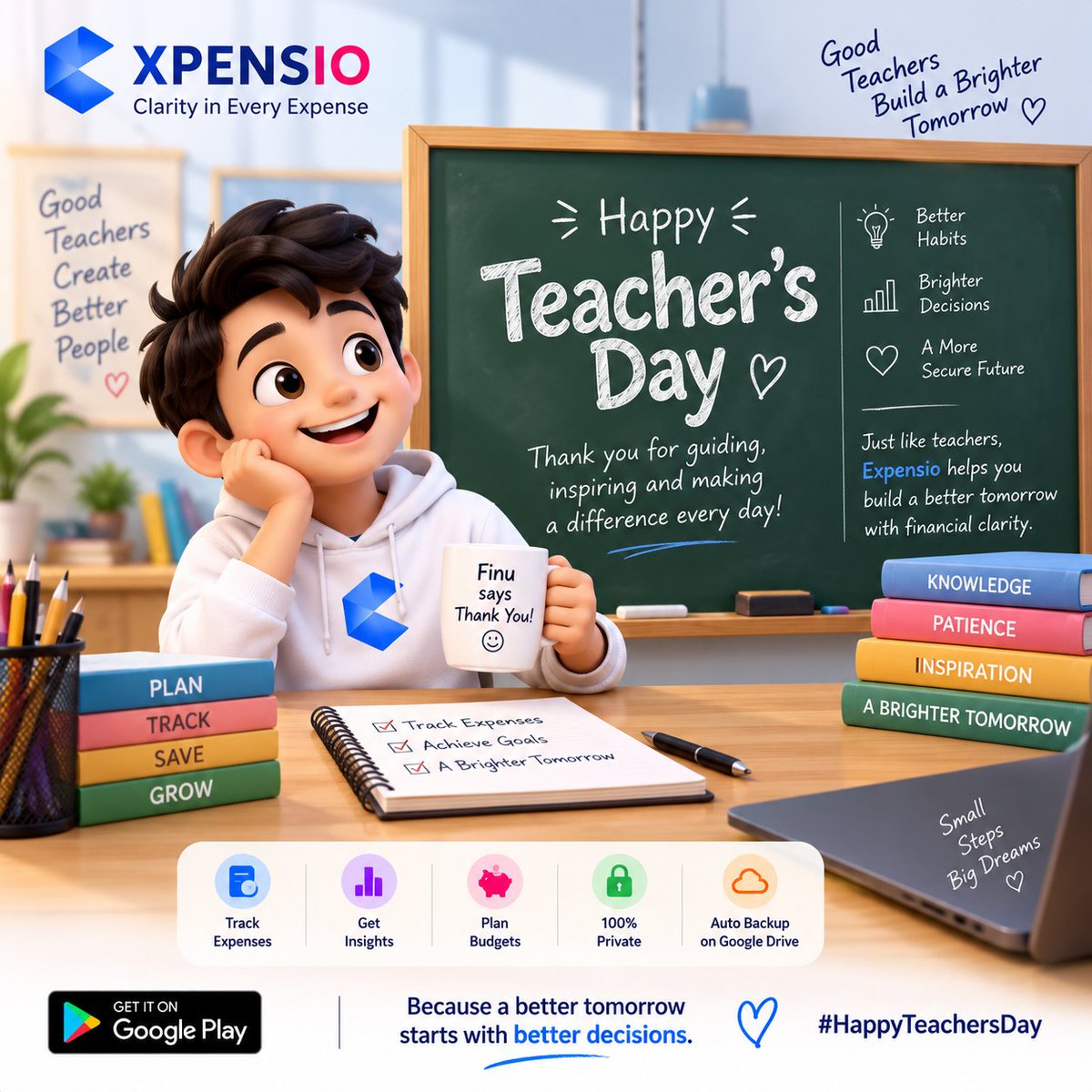 lit_litoo's tweet photo. Great teachers don’t just teach lessons — they inspire better decisions for life. 💙
To every teacher who guides, inspires, and shapes a brighter tomorrow — Thank You!
Happy Teacher’s Day from Finu &amp; Team Expensio! ✨
#HappyTeachersDay #TeachersDay #ThankYouTeachers #Expensio https://t.co/cMcRHICpAG