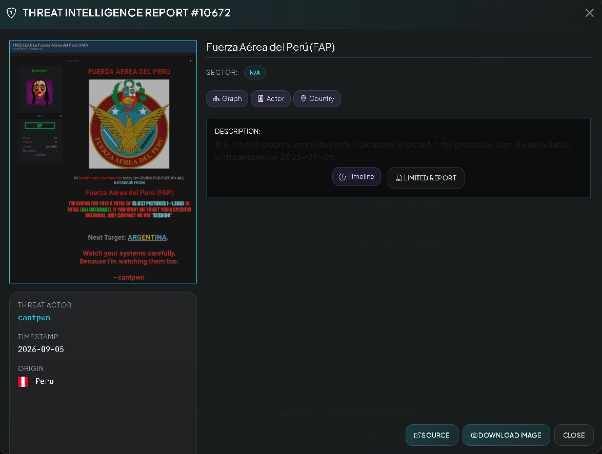 VECERTRadar's tweet photo. 🚨 CTI ALERT 🇵🇪🇦🇷 | cantpwn PUBLISHES ALLEGED PERUVIAN AIR FORCE LEAK — 13,037 IMAGES (~1.3 GB) AND ANNOUNCES ARGENTINA AS NEXT TARGET

[STATUS: UNCONFIRMED / TYPE: MILITARY DATA LEAK · DEFENSE-SECTOR TARGETING · IMAGE DATABASE EXPOSURE · POSSIBLE PERSONNEL/IDENTITY DATA · THREAT SIGNALING / AFFECTED COUNTRY: 🇵🇪 PERU / ACTOR: cantpwn / SOURCE: DARKFORUMS]

Cyber-intelligence monitoring has identified a new post attributed to the actor cantpwn, who claims to have obtained and released—free of charge—a database associated with the Peruvian Air Force (FAP).

The actor specifically announces the distribution of:

13,037 images

with an approximate volume of:

1.3 GB

and presents the material as part of the alleged "ALL DATABASE" of the Peruvian Air Force.

⚠️ The incident remains INDEPENDENTLY UNCONFIRMED. The post demonstrates the existence of the claim and a file advertised as a leak; however, it remains to be verified whether the 13,037 images actually originate from internal FAP systems, how old they are, and what categories of information they contain. 🛡️ RECOMMENDATIONS — SOC / CSIRT / DEFENSE

It is recommended to review:

image repositories
file servers
cloud storage
administrative systems
privileged accounts
bulk transfers
anomalous downloads
VPNs
remote access
reused credentials
vendor accounts
storage logs
activity from anomalous IPs/ASNs
tokens
APIs
accidentally exposed public repositories
buckets
backups

📊 PRELIMINARY ASSESSMENT

Publication observed: 🟢 YES
Actor: cantpwn
Claimed victim: Peruvian Air Force (FAP)
Country: 🇵🇪 Peru
Military sector: 🔴 YES
Claimed images: 13,037
Volume: ~1.3 GB
“All database”: 🔴 CLAIMED
Sample link: 🟢 YES
Overall authenticity: 🔴 UNCONFIRMED
Exact content: ⚪ TO BE VALIDATED
Military personnel: ⚪ TO BE VALIDATED
PII: ⚪ TO BE VALIDATED
Documents: ⚪ TO BE VALIDATED
Active access: ⚪ UNKNOWN
Initial vector: ⚪ UNKNOWN
Argentina announced as next target: 🔴 YES
Specific future threat: 🟠 GENERAL / NO SPECIFIC ENTITY

🖥️ Centralized Threat Monitoring System:

https://t.co/wk9bZJ2Nli

Monitoring Console:

https://t.co/5LuqwzYuS6

#Peru #FAP #PeruvianAirForce #Argentina #CyberSecurity #CyberCrime #ThreatIntel #CyberIntelligence #MilitarySecurity #DefenseSecurity #DataLeak #DataBreach #Doxxing #LATAM #DarkForums #SOC #CSIRT #IncidentResponse #ThreatMonitoring #VECERT