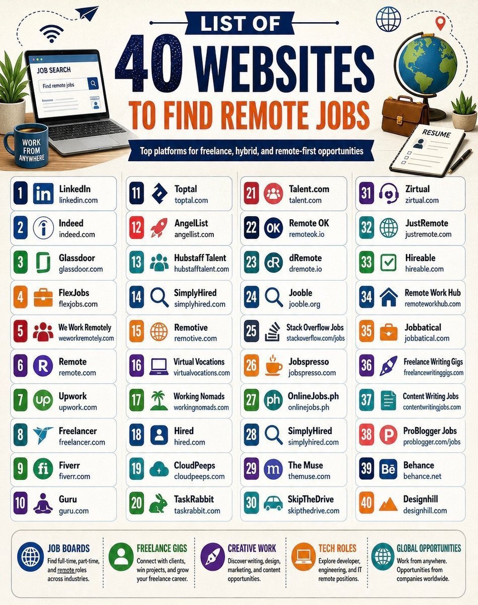 ethan_x_ai's tweet photo. LIST OF 40 WEBSITES TO FIND REMOTE JOBS

1. Linkedin. com

2. Indeed. com

3. Glassdoor. com

4. FlexJobs. com

5. weworkremotely. com

6. Remote. com

7. Upwork. com

8. Freelancer. com

9. Fiverr. com

10. Guru. com

11. Toptal. com

12. AngelList. com

13. Hubstafftalent. com

14. Simplyhired. com

15. Remotive. com

16. Virtualvocations. com

17. workingnomads. com

18. Hired. com

19. cloudpeeps. com

20. taskrabbit. com

21. talent. com

22. remoteok. io

23. dremote. io

24. jooble. org

25. stackoverflow. com/jobs

26. jobspresso. com

27. onlinejobs. ph

28. simplyhired. com

29. themuse. com

30. skipthedrive. com

31. zirtual. com

32. justremote. com

33. hireable. com

34. remoteworkhub. com

35. jobbatical. com

36. freelancewritinggigs. com

37. contentwritingjobs. com

38. problogger. com/jobs

39. behance. net

40. designhill. com