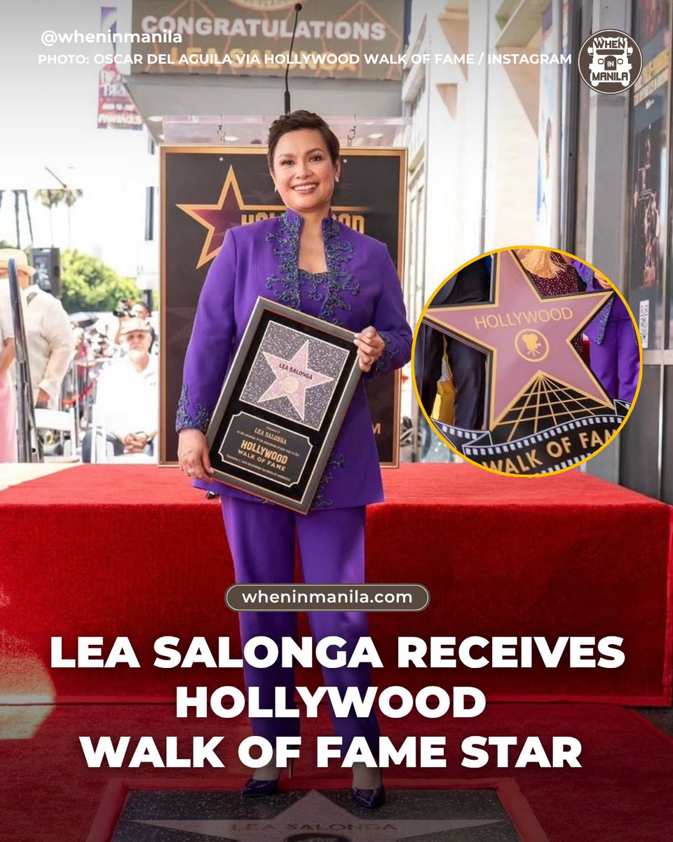 WhenInManila's tweet photo. Lea Salonga makes history as the first Filipina to receive a star on the Hollywood Walk of Fame, joined by Brandy, Darren Criss, Ming-Na Wen, H.E.R., and more!

📸: Oscar Del Aguila via Hollywood Walk of Fame / Instagram https://t.co/1zXTbxcId3