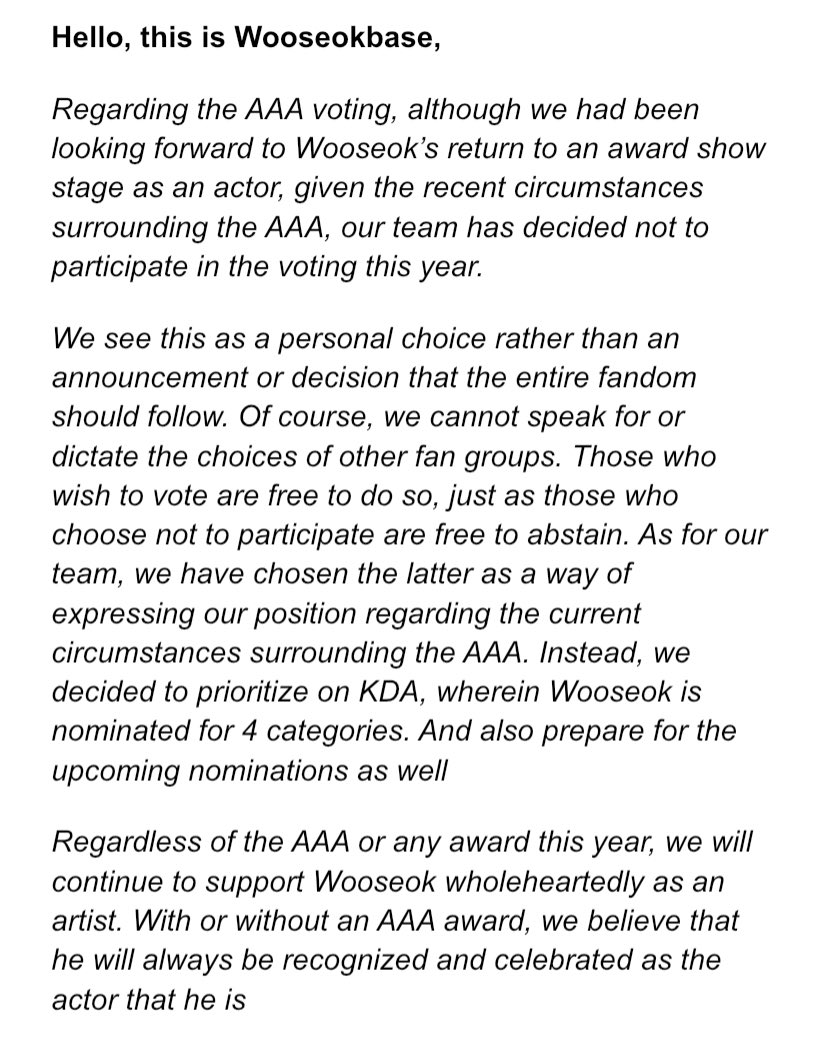 WooseokBase's tweet photo. Hello, this is Wooseokbase.

We are writing to address our stance regarding the AAA voting. After careful consideration, we have decided to abstain from the voting process.

Thank you for your support and understanding! https://t.co/jUxzidUDxT
