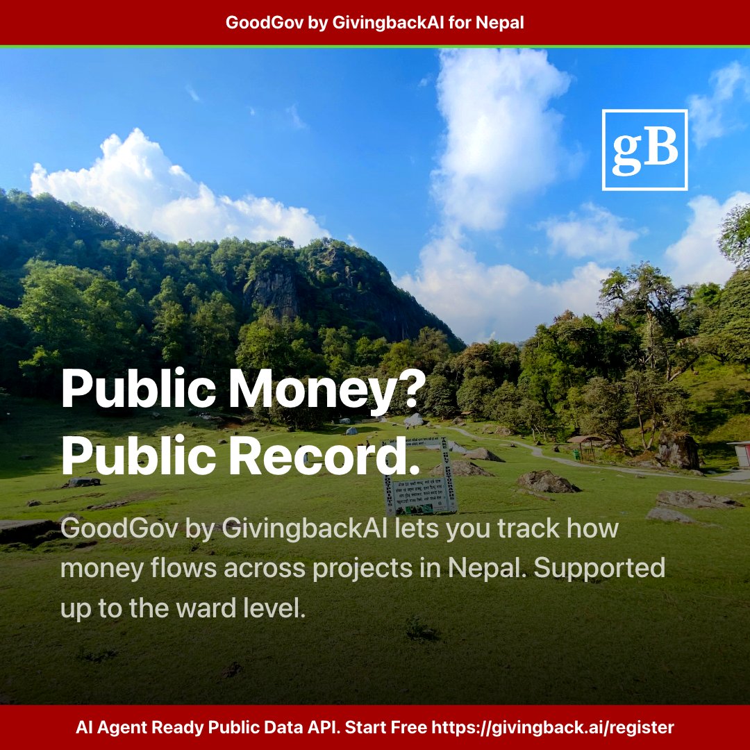 givingbackai's tweet photo. Public Money? Public Record. GoodGov by GivingbackAI lets you track how your tax money flows across projects in Nepal. Start for free today: https://t.co/C9OreIWX7k

#givingbackai #goodgovernance #nepal #publicapis #aiagent #aiforgood #govtech #dataentensive #enterprise https://t.co/qI8PuAkqnO