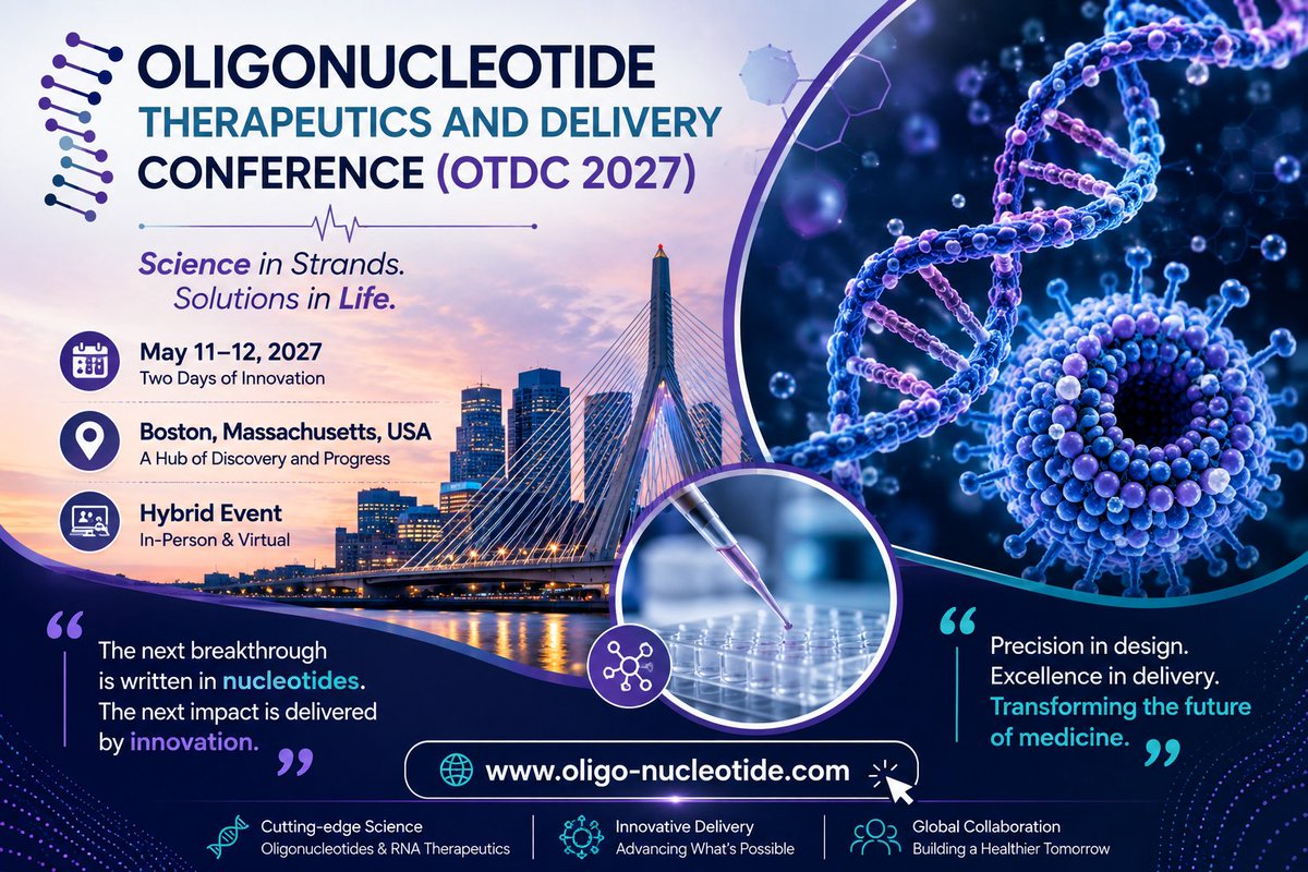 OTDC2027's tweet photo. 🧬 OTDC 2027 highlights advances in oligonucleotide therapeutics, RNA medicines, and next-generation delivery technologies.

📅 May 11–12, 2027
📍 Boston, Massachusetts | 🌐 Hybrid
🔗 https://t.co/DT5ME0RIFl
#OTDC2027 #Oligonucleotides #RNATherapeutics #DrugDelivery #RNAResearch https://t.co/BSexXHSdKM
