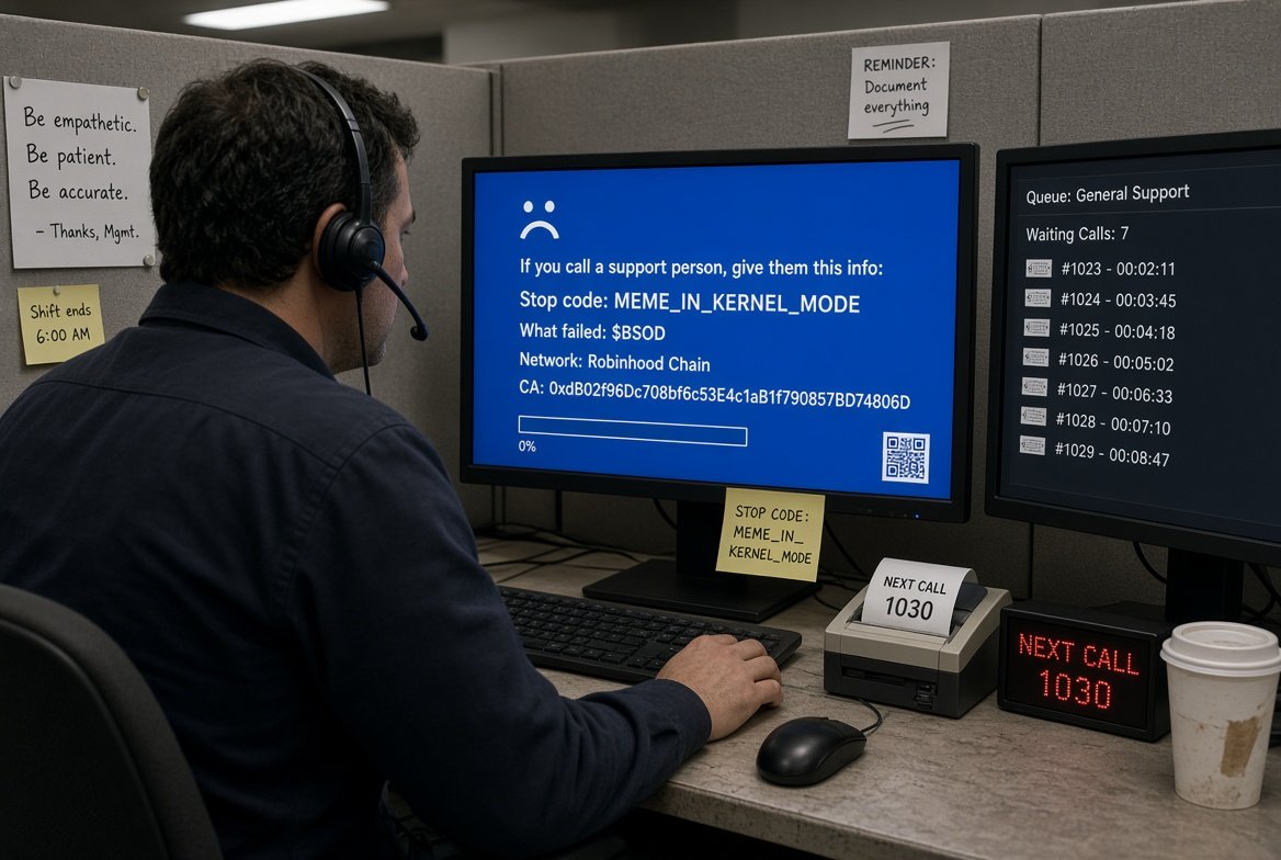 BSODRH's tweet photo. If you call a support person, give them this info:

Stop code: MEME_IN_KERNEL_MODE
What failed: $BSOD
Network: Robinhood Chain

CA:0xdB02f96Dc708bf6c53E4c1aB1f790857BD74806D https://t.co/qBd6lAF3pe