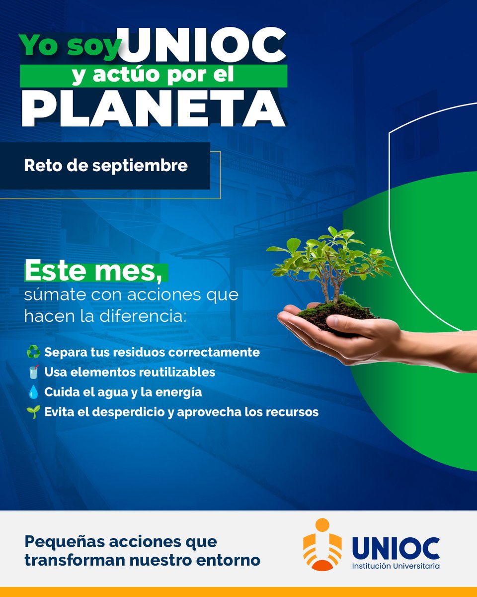 UNIOC_OFICIAL's tweet photo. 🌎 Este septiembre te invitamos a ser más consciente de esas pequeñas decisiones que también impactan el planeta: reducir residuos, reutilizar y hacer un uso responsable de nuestros recursos. ♻️💧

¿Te sumas al reto?  💚 Cuéntanos qué acción pondrás en práctica.

#Sostenibilidad https://t.co/qTPJHkVKyi
