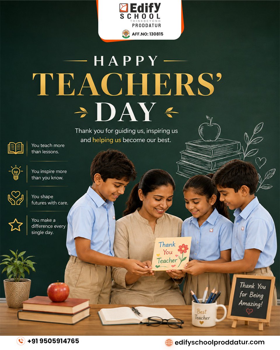 EdifyProddatur's tweet photo. To the ones who teach more than lessons and shape futures with care - Happy Teachers' Day! 📚

#EdifySchool #EdifySchoolProddatur #HappyTeachersDay #TeachersDay2026 #ThankYouTeacher #TeachersDay #ShapingFutures #GratitudeForTeachers #TeachersMakeADifference https://t.co/ulGu4fwOXo