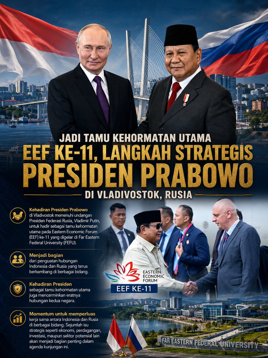 JintaKusuma's tweet photo. Presiden Prabowo menjadi tamu kehormatan utama EFF ke 11 #UndanganKehormatan #IndonesiaRusia #IndonesiaMendunia https://t.co/YidDP6HxZi