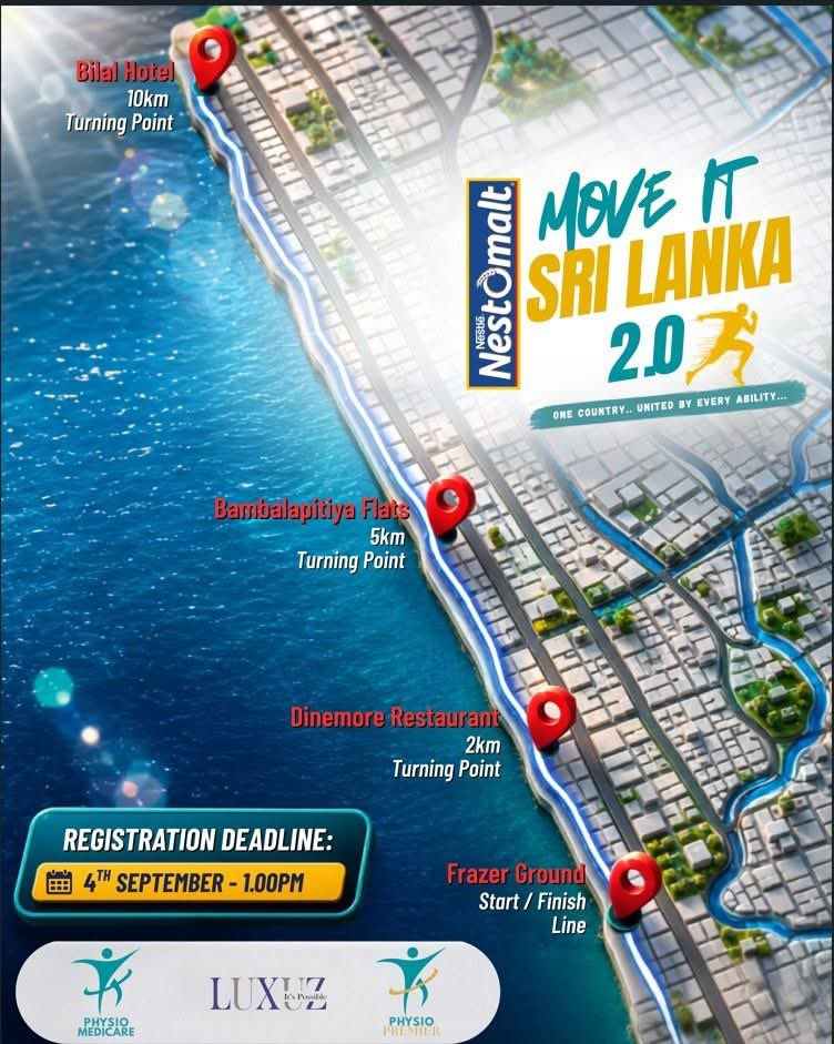 glsandun's tweet photo. 🇱🇰🏃 Move It Sri Lanka 2.0 — this Sunday!

📅 6 Sept 2026
⏰ 6.00 AM
📍 Frazer Park, Dehiwala

🏃 10K
🏃 5K
🚶 2K Fun Walk/Run
♿ 100M Para-Athlete Showcase

Proud to see Rotary PanColombo serving as Community Partner alongside Physio Premier & Physio Medicare.

Every age. Every pace. Every ability.
Let’s move Sri Lanka together. 🇱🇰

#MoveItSriLanka #RotaryPanColombo #PhysioPremier #PhysioMedicare #MovementForAll #InclusiveSport #SriLanka #Running