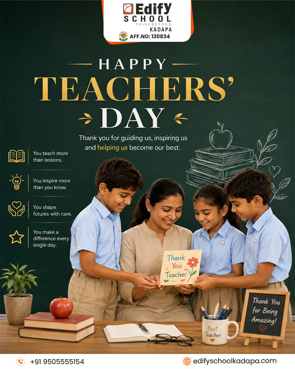 EdifyKadapa's tweet photo. To the ones who teach more than lessons and shape futures with care - Happy Teachers' Day! 📚

#EdifySchool #EdifySchoolKadapa #HappyTeachersDay #TeachersDay2026 #ThankYouTeacher #TeachersDay #ShapingFutures #GratitudeForTeachers #TeachersMakeADifference https://t.co/iHOawiFdqO