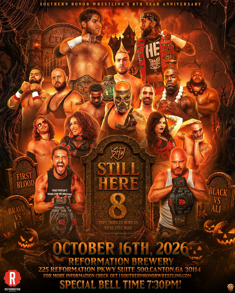 SHonorWrestling's tweet photo. Join us for our 8th Anniversary Show #SHWStillHere8 on October 16th at @ReformationBrew in Canton, GA! Tickets start at just $15 and go on sale at the door the night of the show beginning at 4pm with a special start time of 7:30pm! As always, kids 10 &amp; under are FREE! https://t.co/hb84kOrgoi
