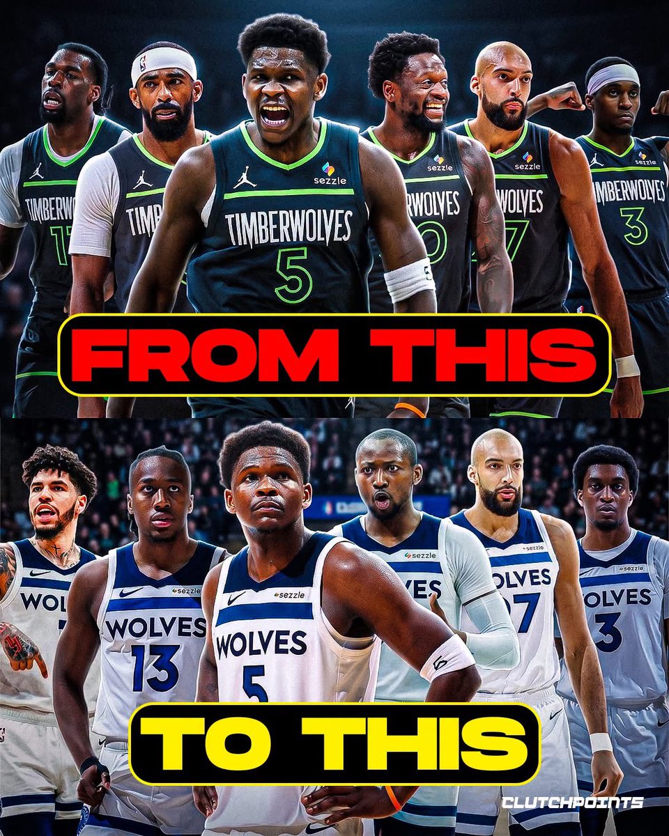 ClutchPoints's tweet photo. The Wolves rebuilt the pack 🐺

For the past 3 seasons, the Wolves went with the same core that got them to their first conference finals appearance in over 20 years.

But once their streak of 2 WCF appearances ended last season, they wasted no time putting a new core for Ant.

➡️ Traded Julius Randle for cap space
➡️ Traded Naz Reid for LaMelo Ball
➡️ Re-signed Ayo Dosunmu to 5-year $112 million extension
➡️ Signed Jonathan Kuminga

Of the 9 players that averaged at least 18 minutes a game for them last season, only three will play on the team next season.

🔹Anthony Edwards
🔹Jaden McDaniels
🔹Rudy Gobert

Donte DiVincenzo would've been the 4th, but he could be out for the entire season to rehab from an Achilles injury.

The Wolves have revamped.

And they're banking on a completely new formula to get the job done 🧪