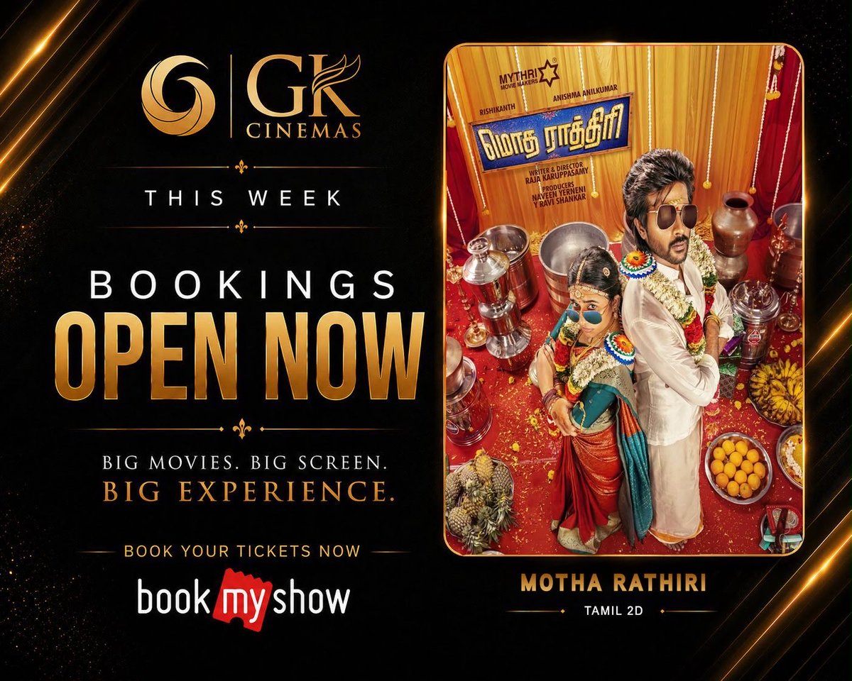 GKcinemas's tweet photo. Watched #ModhaRathri  last night 💥 Been long since I laughed like that in theatres, easily one of the best Tamil films of 2026 .. Pls don’t miss it in theatres 🙌🏻 shifted to main screen🍿 
Kudos to @MythriOfficial for making this film and @Ags_production for distributing 

#GK https://t.co/w4gEYCKZO7