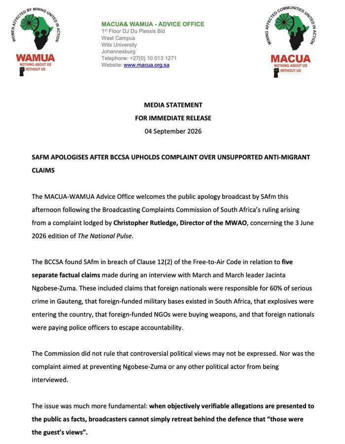 AdvoBarryRoux's tweet photo. SAfm has been ordered to apologise after March and March leader Jacinta Ngobese-Zuma made serious claims about foreigners during a June interview, including alleging they were responsible for 60% of serious crime in Gauteng. The BCCSA found the claims lacked supporting evidence. https://t.co/zODkieiRYR