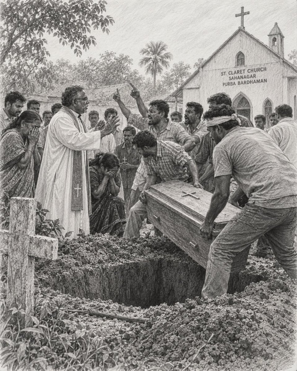 RahulSeeker's tweet photo. Proud moment for every Bengali. A woman had to endure this humiliation even after death. 💪🏾

14 August
——————
In St. Claret Church cemetery in Sahanagar, Purba Bardhaman district, WB her body had already been lowered into the grave. The mob arrived and took out the body from the grave.

Father Samuel Hembrom told The Indian Express that the mob demanded “to see the papers for the burial ground”.

Father told them give us some time to get those papers from the church. They refused to listen. The mourners were also allegedly assaulted.

The body had to be taken to another cemetery in Bardhaman town.

The Father said he sent a complaint to the SP and BDO by email. “Nothing happened.”

 However, The SP, Purba Bardhaman, Pushpa, told The Indian Express - “The woman who died did not belong to the area. So people objected."

SP also said: “I don’t think there was an assault. However, I will check with the local police station."

Congratulations Bengal. 💪🏾💪🏾💪🏾