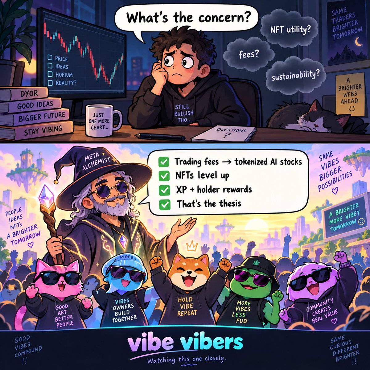 web3cheng's tweet photo. My concern?
Not whether people have doubts — every new NFT idea gets questioned.
I’m more interested in whether vibe vibers can actually turn fees, XP, upgrades and community into something sustainable.
Watching this closely 👀 https://t.co/R0s9cCsY2x