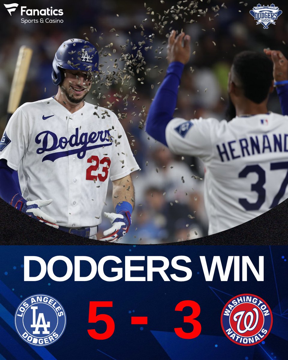 DodgersNation's tweet photo. FINAL: The Dodgers take the series opener vs. the Nationals, 5-3!

All three runs came in the 9th inning, but Blake Snell struck out 7 across 6 scoreless innings and Kyle Tucker hit his first home run at Dodger Stadium since June 15th🙏

Let’s keep it rolling with Tyler Glasnow on the bump tomorrow🔥