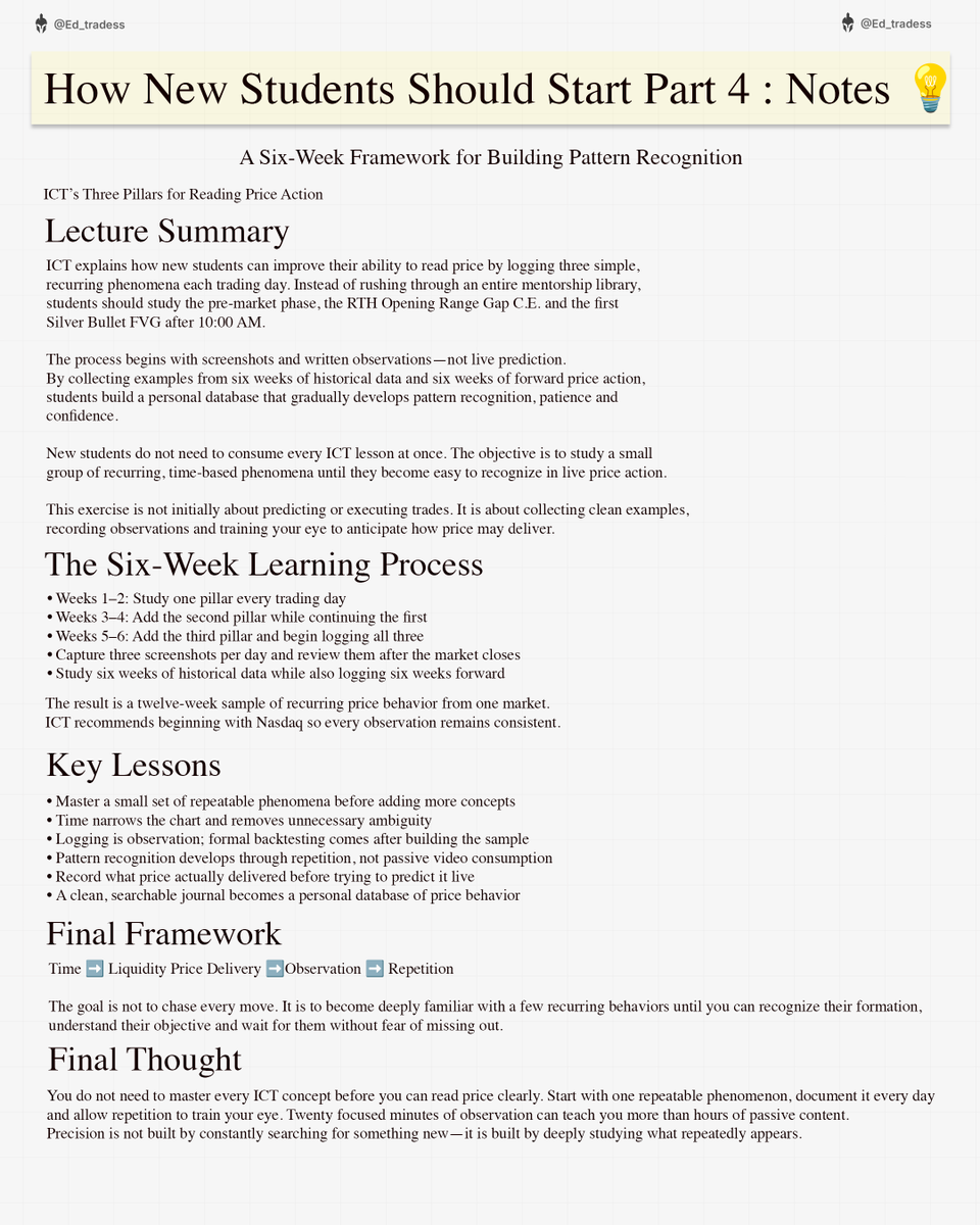 Ed_tradess's tweet photo. ICT's Mentorship 2026💡(Learning with ICT's Son)

Detailed Notes: How New Students Should Start Part 4

ICT’s Three Pillars for Reading Price Action | A Six-Week Framework for Building Pattern Recognition