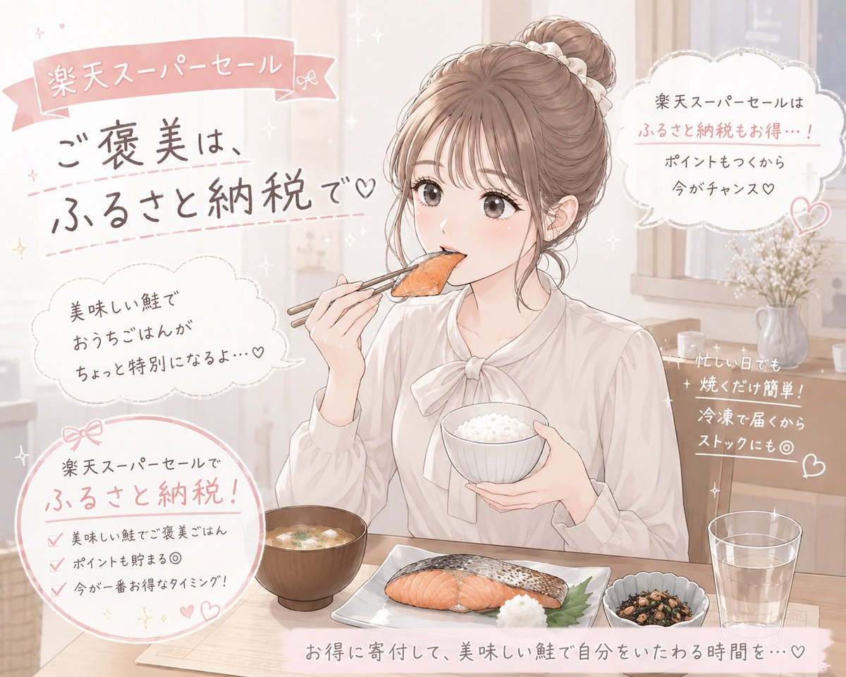 ngs_gjai's tweet photo. ふるさと納税、まだ決めてないなら
美容を意識してる人は
返礼品に「鮭」選ぶのかなりアリかも🐟🩷

鮭って実は、美容にも嬉しい食材✨

✔️ アスタキサンチン
→ 抗酸化成分✨
✔️ たんぱく質
→ 肌・髪・爪✨
✔️ DHA・EPA
→ 良質な脂質✨
✔️ ビタミンD
→ 健康的な身体づくりに✨

スキンケアを頑張るのも大事だけど、
毎日の食事から美容を意識するのも大切🥹🫶🏻

#楽天スーパーセール #ふるさと納税 #楽天市場