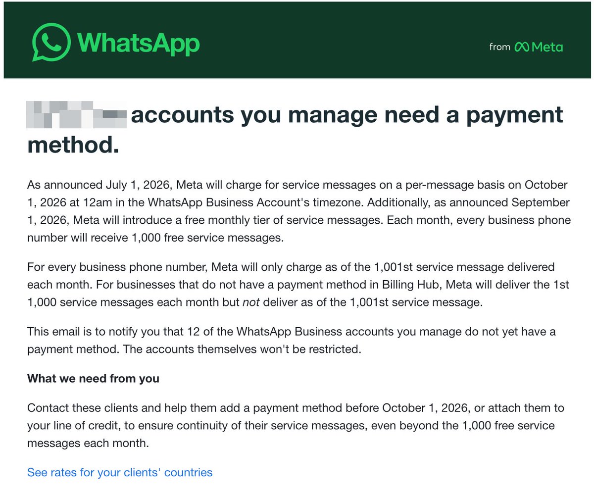 phong_maker's tweet photo. WhatsApp Pricing Changes Are Coming on October 1, 2026 🚨 

Starting October 1, 2026, Meta will introduce per-message pricing for messages sent through the WhatsApp Business API, including messages sent within the 24-hour customer service window.

For businesses building customer support, automation, and AI Agents on WhatsApp Cloud API, this is an important change. The way you design your chatbot flows can now directly impact your messaging costs.
