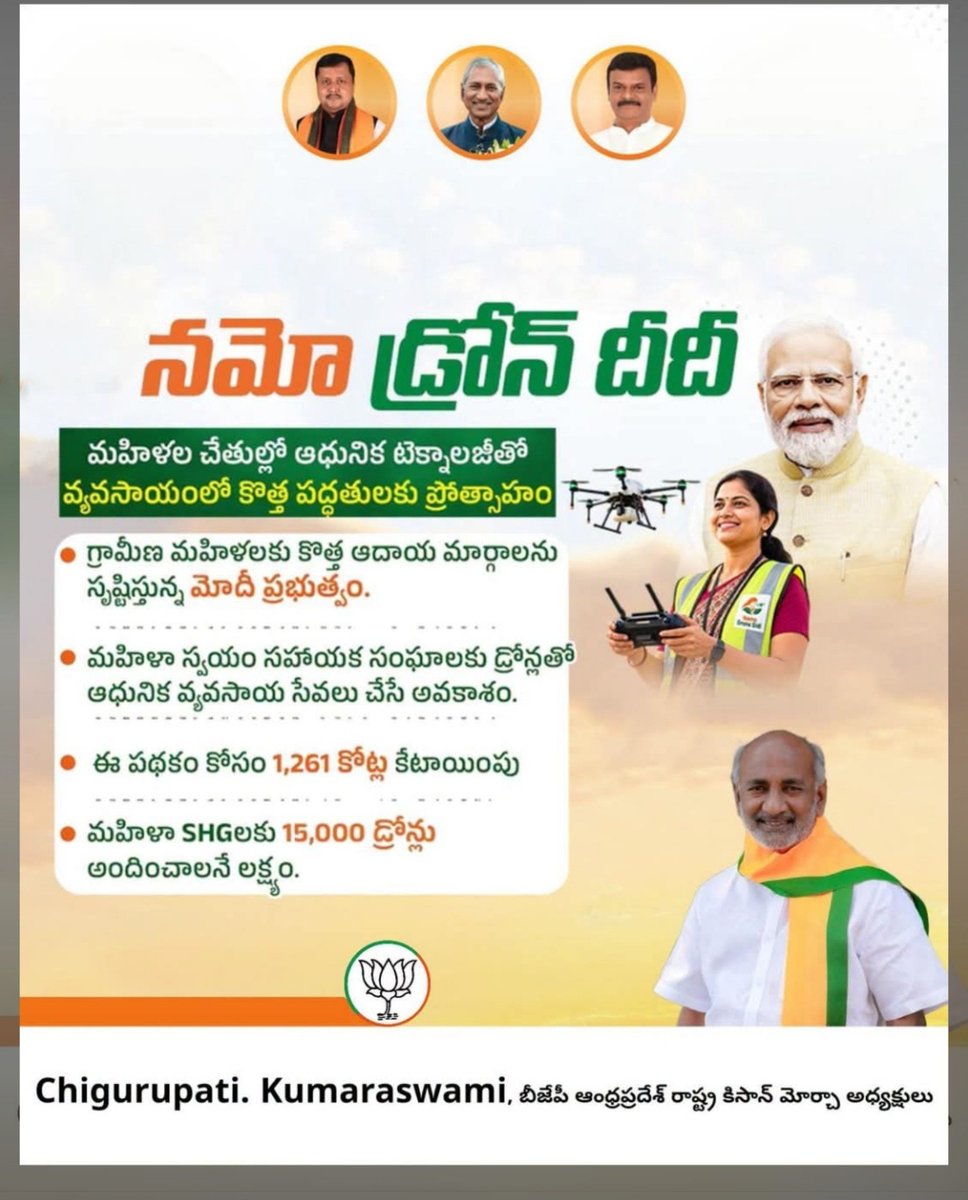 bjpapkisanmorch's tweet photo. 🚁 నమో డ్రోన్ దిశగా.. రైతన్నకు ఆధునిక వ్యవసాయం!
మహిళా SHGలకు డ్రోన్లతో శిక్షణ..
వ్యవసాయంలో సాంకేతికతకు కొత్త ఊతం! 🇮🇳
మహిళా సాధికారతతో పాటు రైతు సంక్షేమమే మోదీ ప్రభుత్వ లక్ష్యం. 
Bharatiya Janata Party (BJP) BJP Andhra Pradesh Kumara Swamy Chigurupati https://t.co/a52v1UGOwp