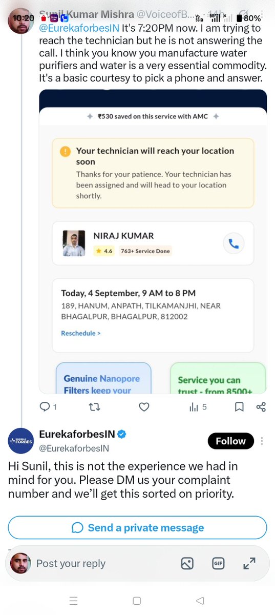 VoiceofBGP's tweet photo. @EurekaforbesIN I had tweeted about this yesterday also. But then you went into sleep mode. I am again reminding you that water is an essential commodity. And you are in the business. If you can't provide customer service then please revert back the same. https://t.co/6GJ9OI0ktg
