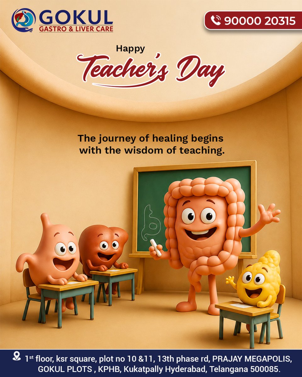 GokulGastro's tweet photo. Happy Teacher's Day! 📚✨

"The journey of healing begins with the wisdom of teaching."

We salute all the educators and medical mentors who inspire, guide, and shape a healthier tomorrow!

📞 90000 20315
📍 KPHB, Kukatpally, Hyd

#TeachersDay #GokulGastro #GastroCare #Hyderabad https://t.co/90EejaZLan