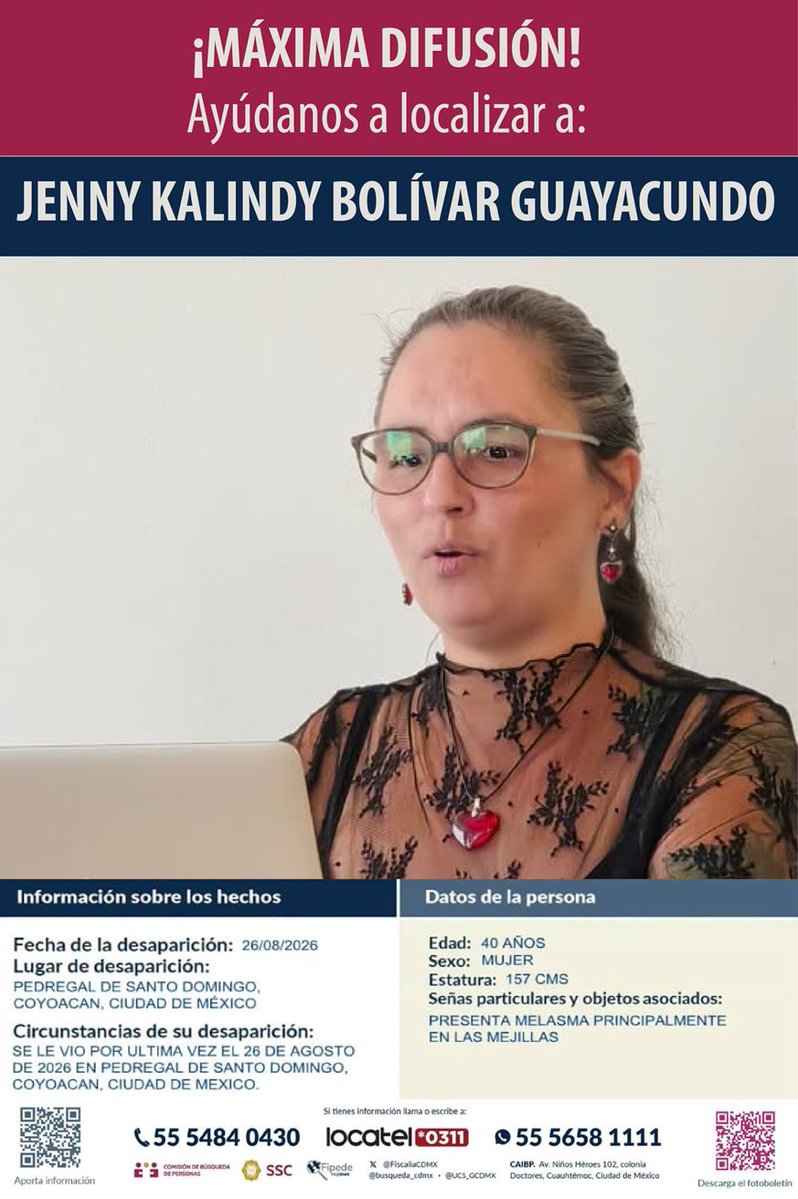 FLACSOec's tweet photo. 🔵Importante🔵

Jenny Kalindy Bolívar Guayacundo, ecuatoriana, M.A. en Historia por FLACSO Ecuador y estudiante doctoral en CIESAS se encuentra desaparecia en Ciudad de México. 

Todo dato que pueda contribuir a su pronta localización es importante para que Kalindy regrese a salvo.