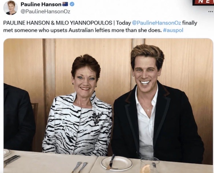 AmeliaBee7's tweet photo. So true, Pauline! 

Your pal Milo advocated for adult men to be able to have sexual relationships with 13 year old children and, yep, that definitely “upsets Australian lefties” https://t.co/QyFIBJNzYm