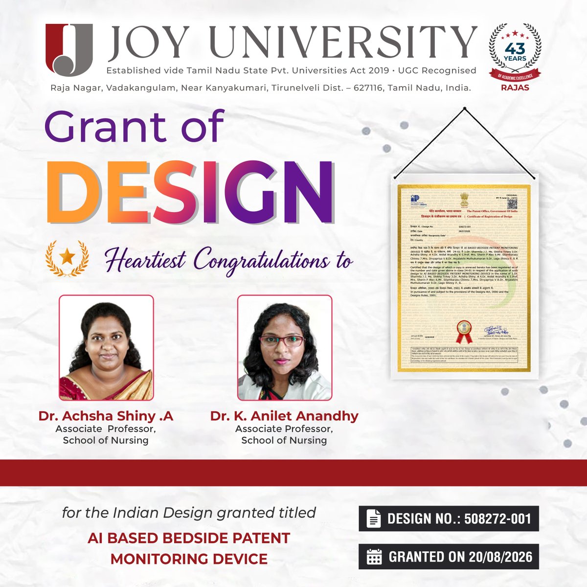 joyuniversityIn's tweet photo. 🎉 Innovation at Joy University!  Proud to celebrate our faculty members for receiving prestigious Design Registrations from the Patent Office, Government of India! https://t.co/FZS2lGRLxx