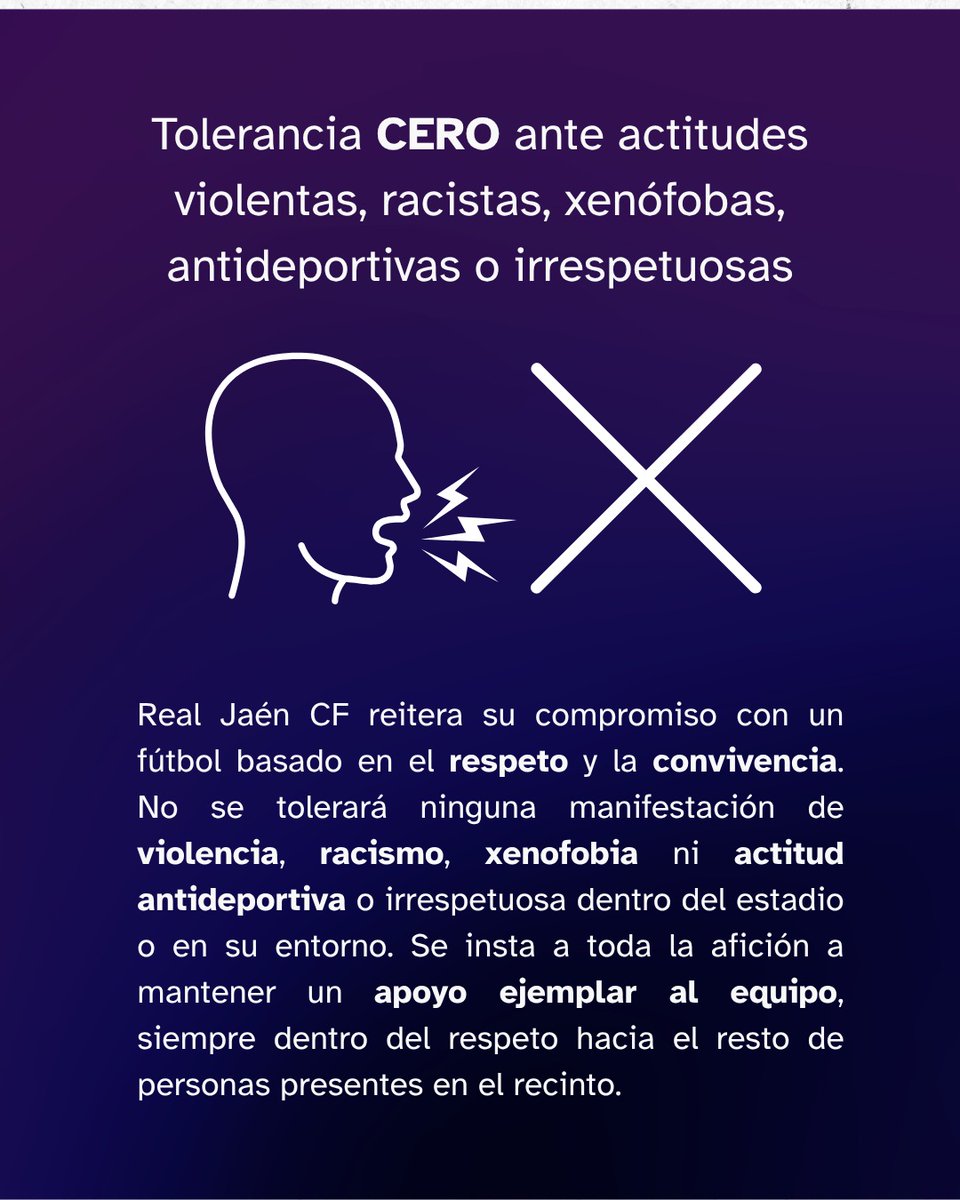 RealJaenCF's tweet photo. COMUNICADO OFICIAL

Real Jaén CF informa a su afición de las siguientes cuestiones de cara al partido del domingo 6 de septiembre frente a SD Huesca en el Estadio Caja Rural La Victoria:

Apertura de puertas y acceso al estadio

Las puertas del estadio abrirán a las 10:00 horas. Desde el club se recomienda a toda la afición acceder al recinto con la antelación suficiente y evitar concentrar la llegada en los minutos previos al inicio del partido, ya que ello genera colas y dificulta la fluidez del control de accesos. Este control se agiliza con la colaboración de todos los asistentes, por lo que se pide paciencia y civismo en los accesos. Asimismo, se recuerda que el control de acceso permanecerá activo durante todo el encuentro, por lo que no se permitirá en ningún momento el acceso al recinto sin la entrada correspondiente.

Tolerancia cero ante actitudes violentas, racistas, xenófobas, antideportivas o irrespetuosas

Real Jaén CF reitera su compromiso con un fútbol basado en el respeto y la convivencia. El club no tolerará ninguna manifestación de violencia, racismo, xenofobia ni actitud antideportiva o irrespetuosa dentro del estadio o en su entorno. Se insta a toda la afición a mantener un apoyo ejemplar al equipo, siempre dentro del respeto hacia el resto de personas presentes en el recinto.

Refuerzo de la seguridad y prohibición de alcohol y elementos no permitidos

Para este partido, la seguridad del club, en colaboración con las Fuerzas y Cuerpos de Seguridad del Estado, intensificará las labores de vigilancia en todas las áreas del estadio con el objetivo de evitar la introducción de bebidas alcohólicas y cualquier otro elemento no permitido en el recinto. Se recuerda que, como ya es conocido, las infracciones en este sentido conllevarán la aplicación de las sanciones correspondientes.

Real Jaén CF agradece la colaboración de su afición para garantizar un ambiente seguro, respetuoso y ejemplar en el Estadio Caja Rural La Victoria.
