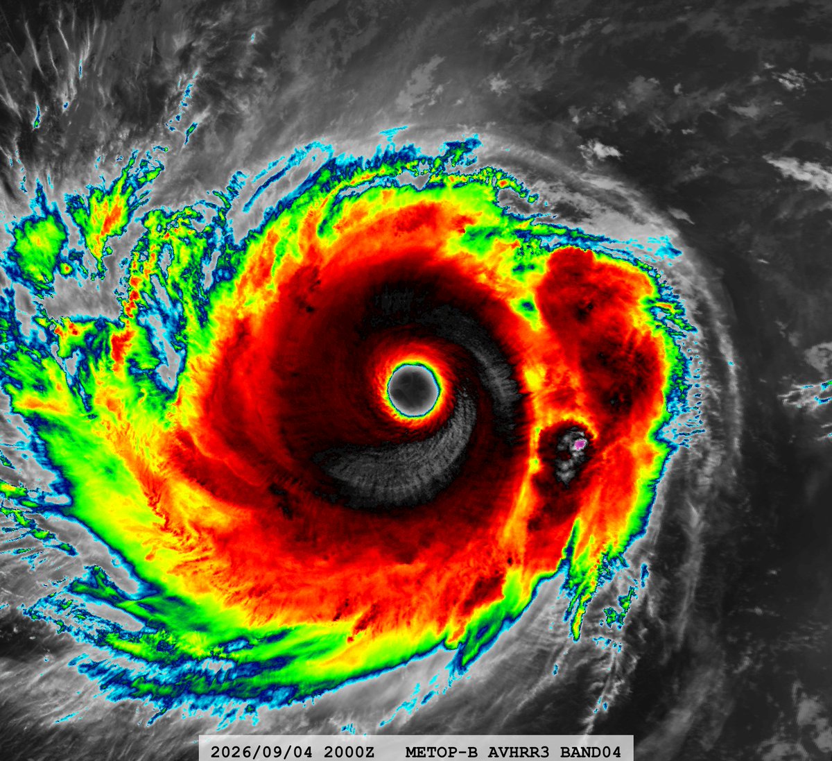 zeb199818's tweet photo. #12E Hurricane #LOWELL
Satellite: #METOPB #AVHRR3
Channel : B01 (0.63 µm) / B04 (10.8 µm) 1.1 km
Time : 2026/09/04 2000Z
Eye Temp : 22.066 °C
Data Source : #EUMETSAT Data Store L1B
CPA : ~380 km https://t.co/EUBhr6VRAJ