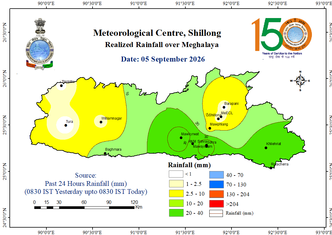 imd_shillong's tweet photo. 🌧️ Realised Rainfall map over Meghalaya Dt. 05-09-2026 #WeatherUpdate #weatherdata #Rainfall #Meghalaya #HarHarMausam https://t.co/SC3FZjzlXk