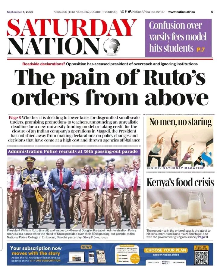 MamboMseto254's tweet photo. Catch up on today’s top stories from Kenya’s leading newspapers; Saturday Nation, The Saturday Standard, Taifa Leo, Weekend Star, Wikendi, and The East African. 

Here’s what’s making headlines this 5th of September, 2026. https://t.co/CLxcF8mzNf