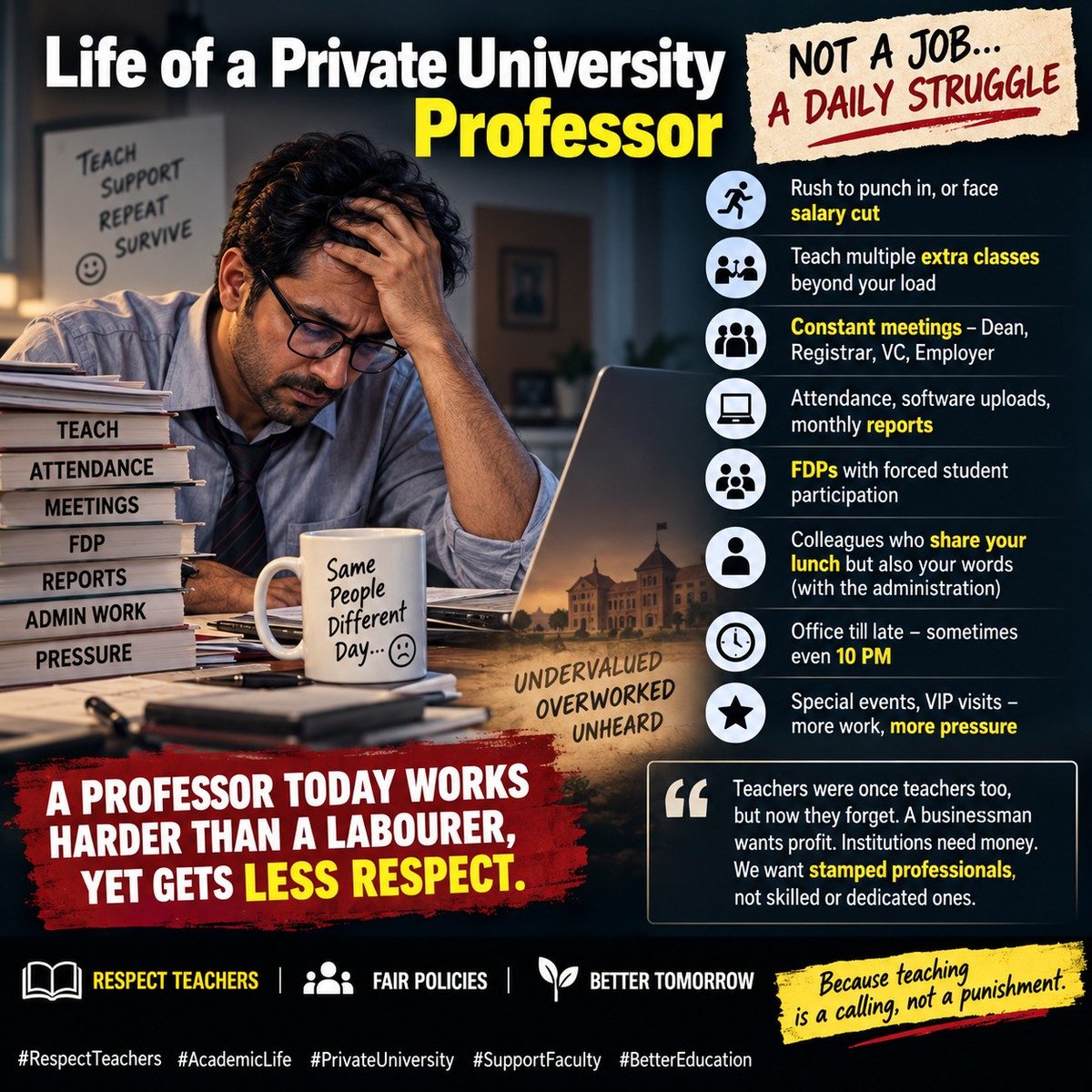 jpsinghintuc's tweet photo. Private university professors often face relentless pressure—punching deadlines, extra classes, endless meetings, reports and late working hours.

Teachers deserve dignity, fair policies and respect—not exploitation.

#RespectTeachers #PrivateUniversity #BetterEducation https://t.co/a8kNAqk1L5